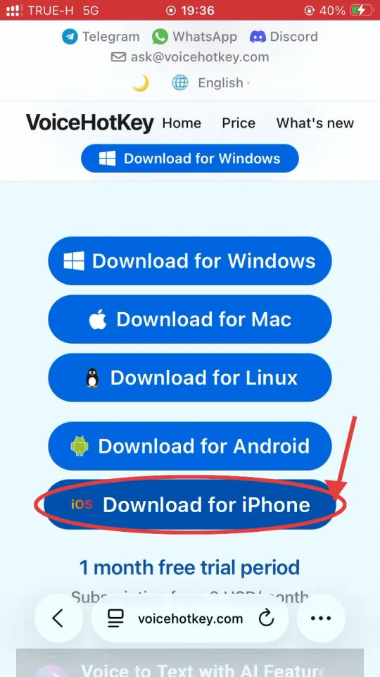 Homepage di voicehotkey.com con il pulsante Download for iPhone