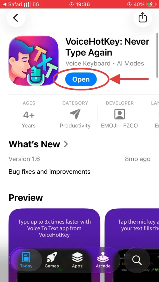Pulsante Open dell&rsquo;App Store dopo l&rsquo;installazione