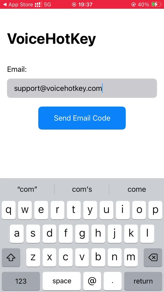 Schermata di inserimento email di VoiceHotKey