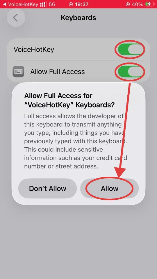 Finestra di avviso Allow Full Access di iOS