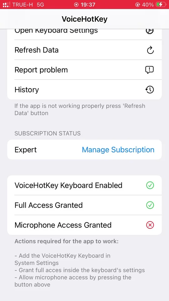 App che mostra le azioni richieste, permesso del microfono ancora mancante