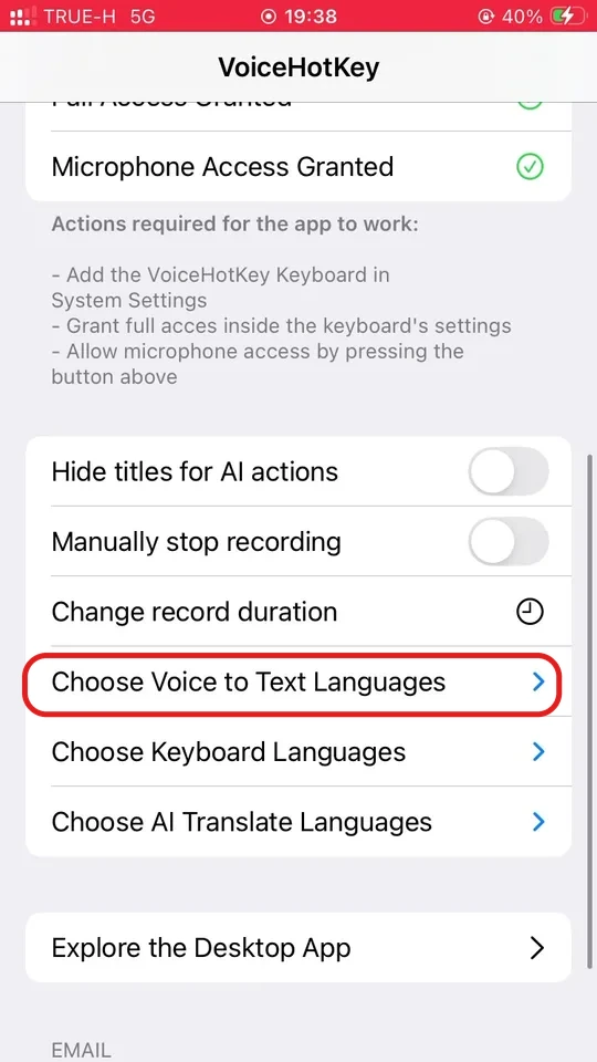 Opzioni delle impostazioni di VoiceHotKey