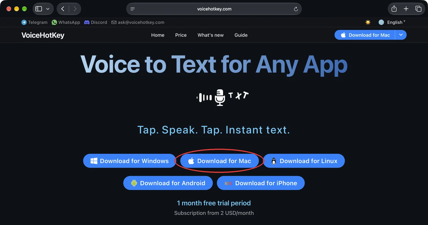 Pagina iniziale di voicehotkey.com con il pulsante per scaricare la versione Mac