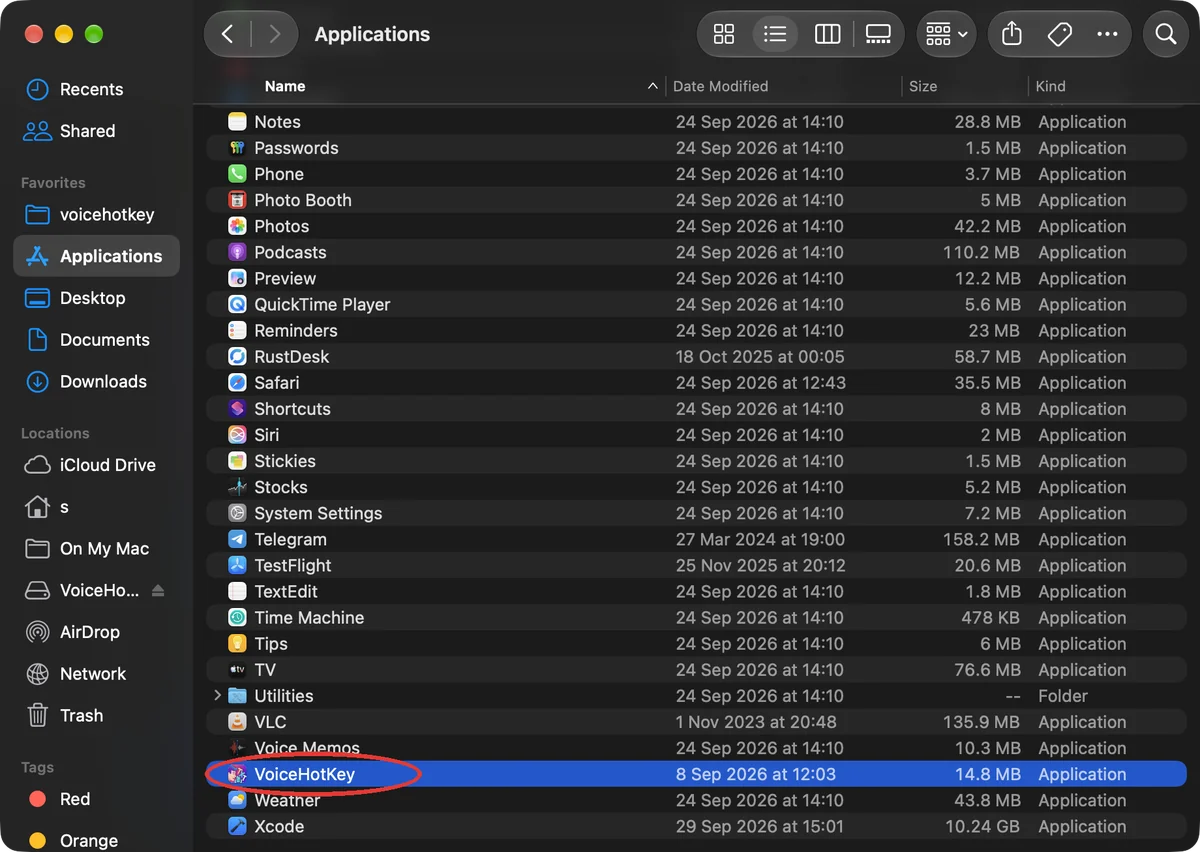 VoiceHotKey nella cartella Applicazioni