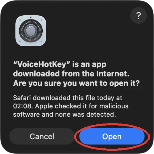 Finestra macOS per un’app scaricata da Internet con il pulsante Apri