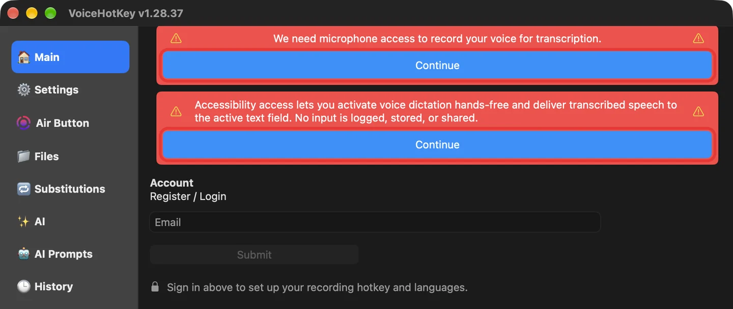 Finestra principale di VoiceHotKey con gli avvisi per microfono e accessibilità