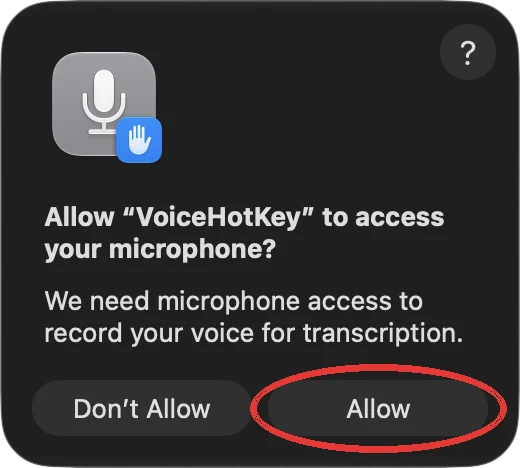 Richiesta di accesso al microfono di macOS con il pulsante Consenti