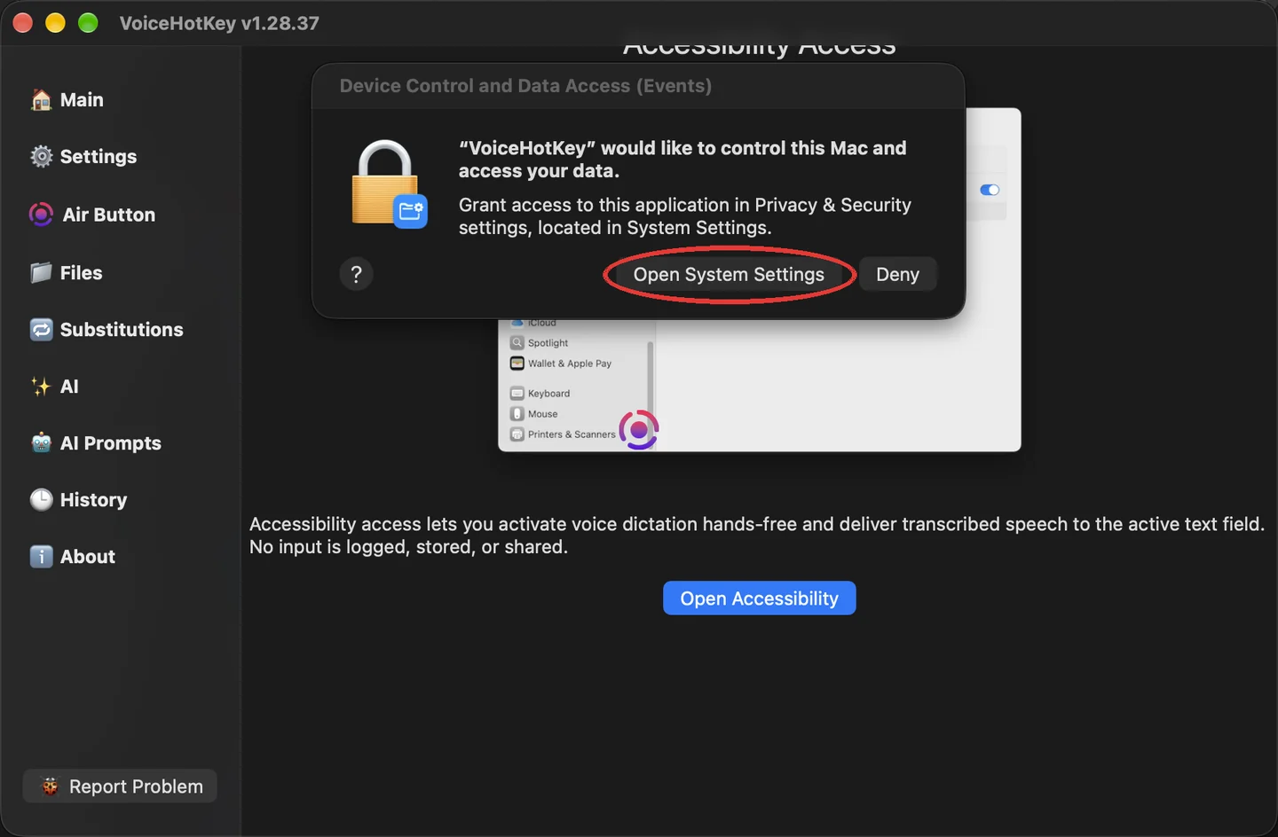 Richiesta di accessibilità di macOS con il pulsante per aprire Impostazioni di Sistema