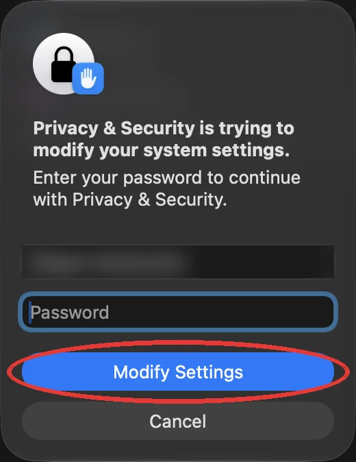 Richiesta della password di macOS con il pulsante per modificare le impostazioni