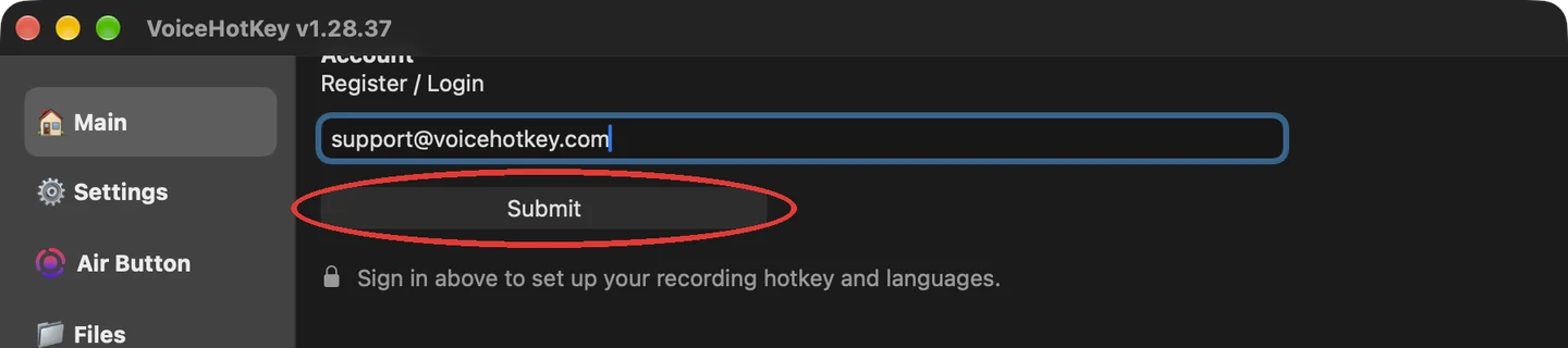Campo email di VoiceHotKey con il pulsante Invia