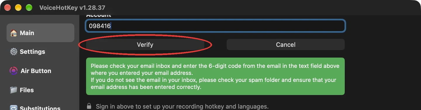 Codice di verifica inserito e pulsante Verifica
