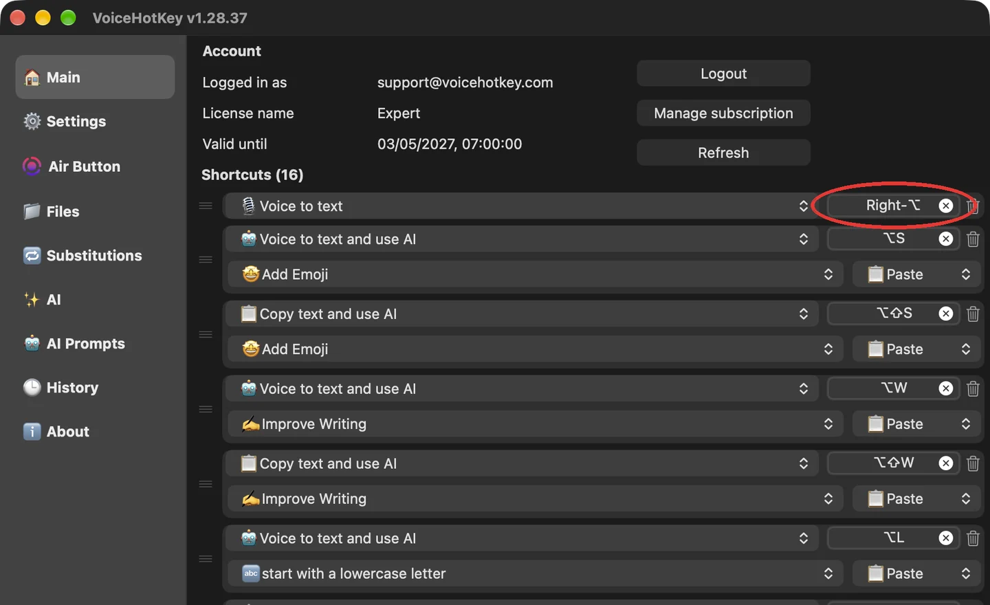 VoiceHotKey dopo l’accesso, con Opzione destro come abbreviazione per dettare