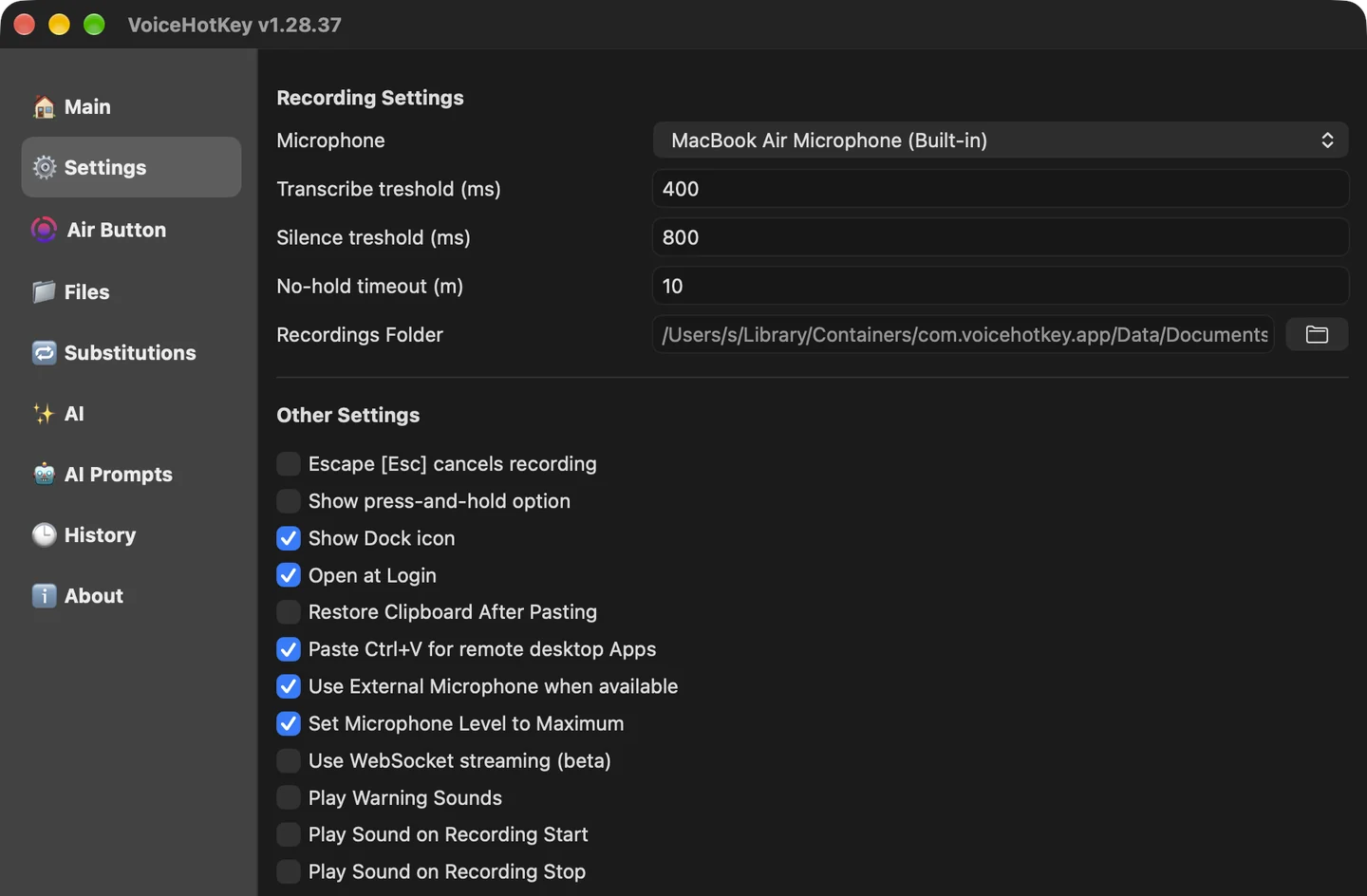 Scheda Impostazioni di VoiceHotKey