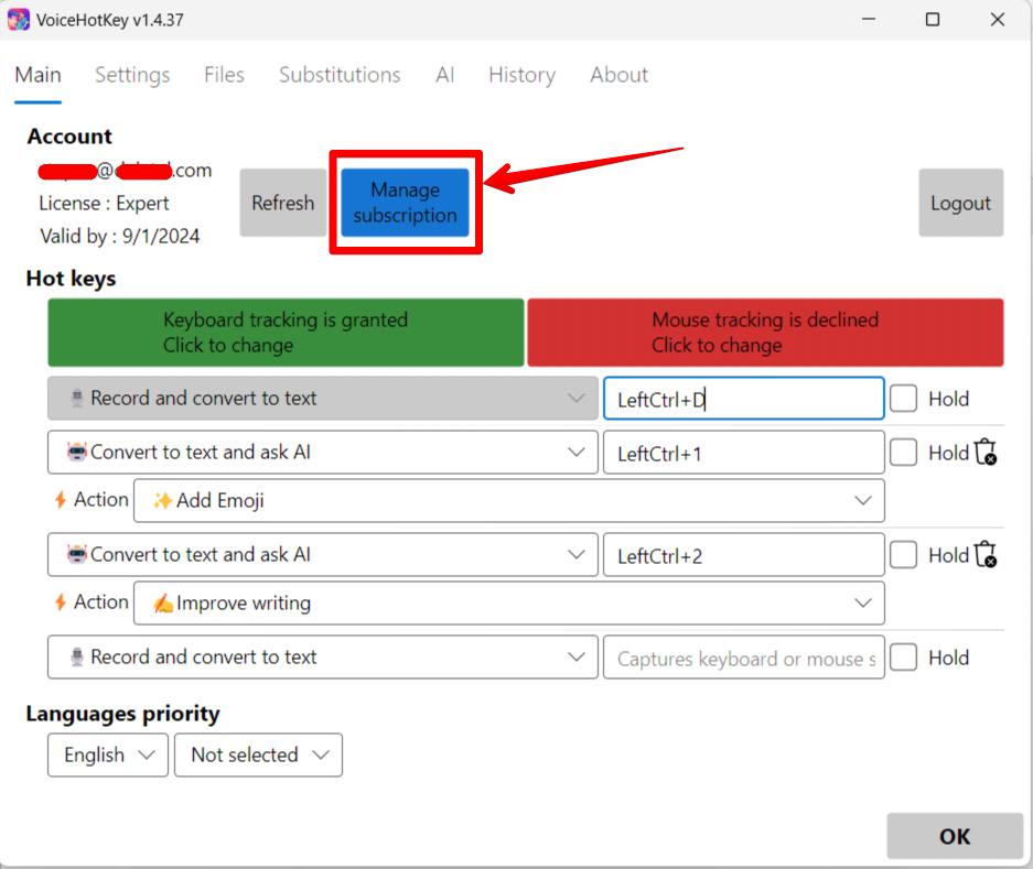 Gestisci abbonamento VoiceHotKey su Windows