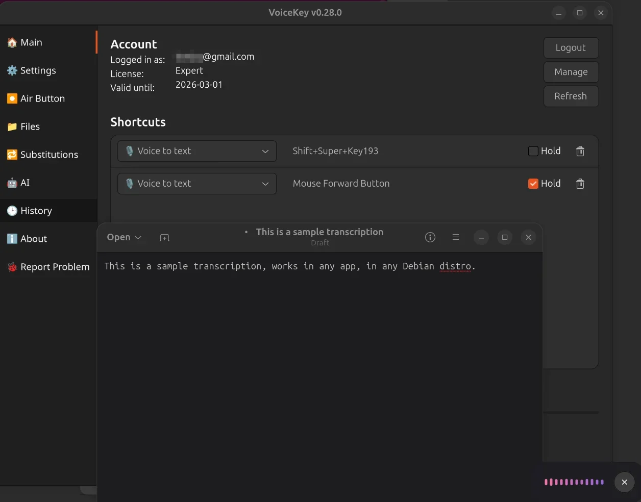 App di dettatura vocale VoiceKey in esecuzione su Ubuntu Linux con scorciatoie e una trascrizione dal vivo